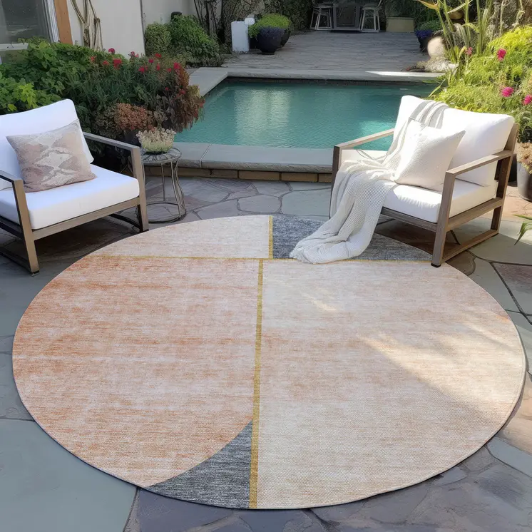 8' Coral Peach And Gray Round Abstract Washable Indoor Outdoor Area Rug