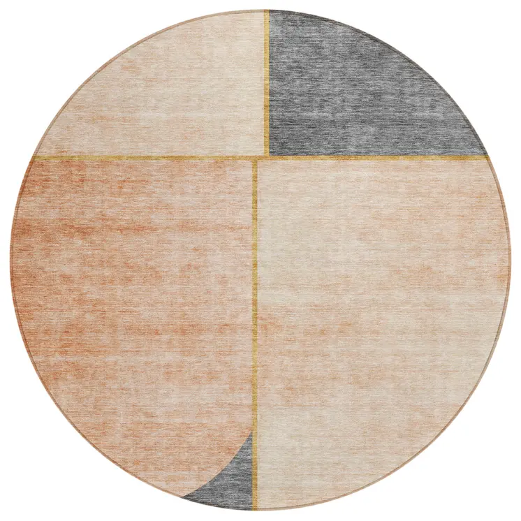 8' Coral Peach And Gray Round Abstract Washable Indoor Outdoor Area Rug