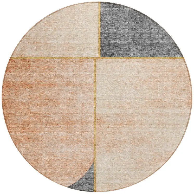 8' Coral Peach And Gray Round Abstract Washable Indoor Outdoor Area Rug