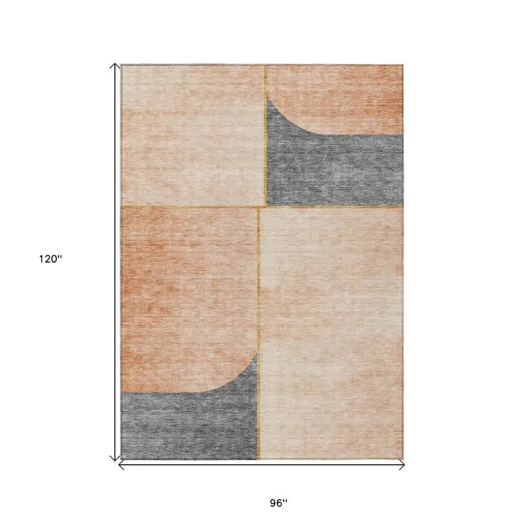 8' X 10' Coral Peach And Gray Abstract Washable Indoor Outdoor Area Rug