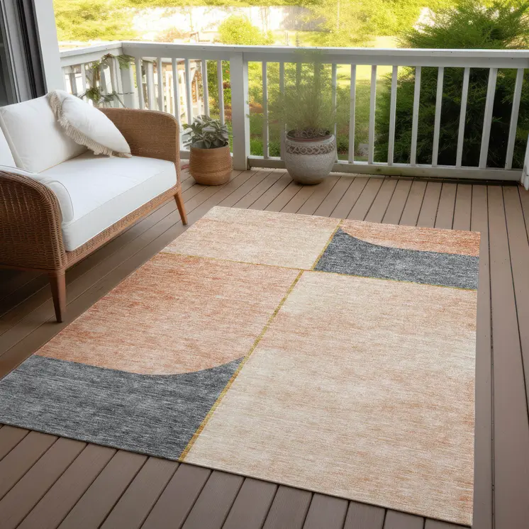 8' X 10' Coral Peach And Gray Abstract Washable Indoor Outdoor Area Rug