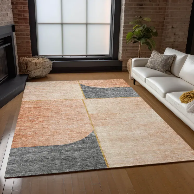 8' X 10' Coral Peach And Gray Abstract Washable Indoor Outdoor Area Rug