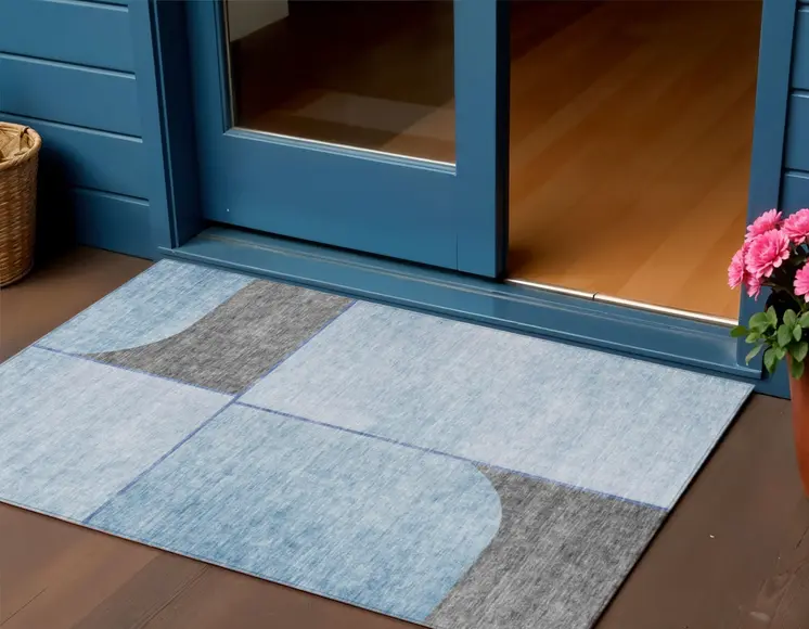 3' X 5' Sky Blue And Denim Blue Abstract Washable Indoor Outdoor Area Rug