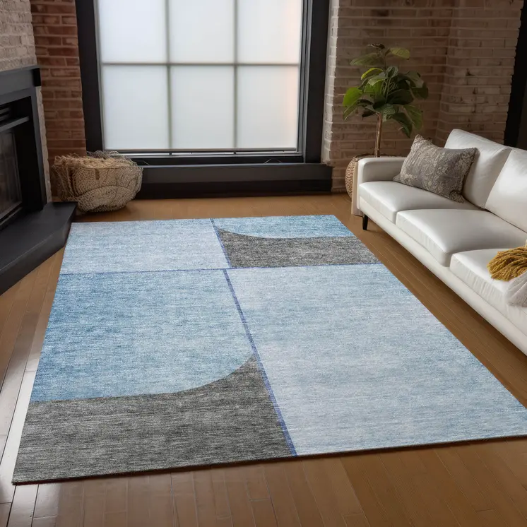 3' X 5' Sky Blue And Denim Blue Abstract Washable Indoor Outdoor Area Rug