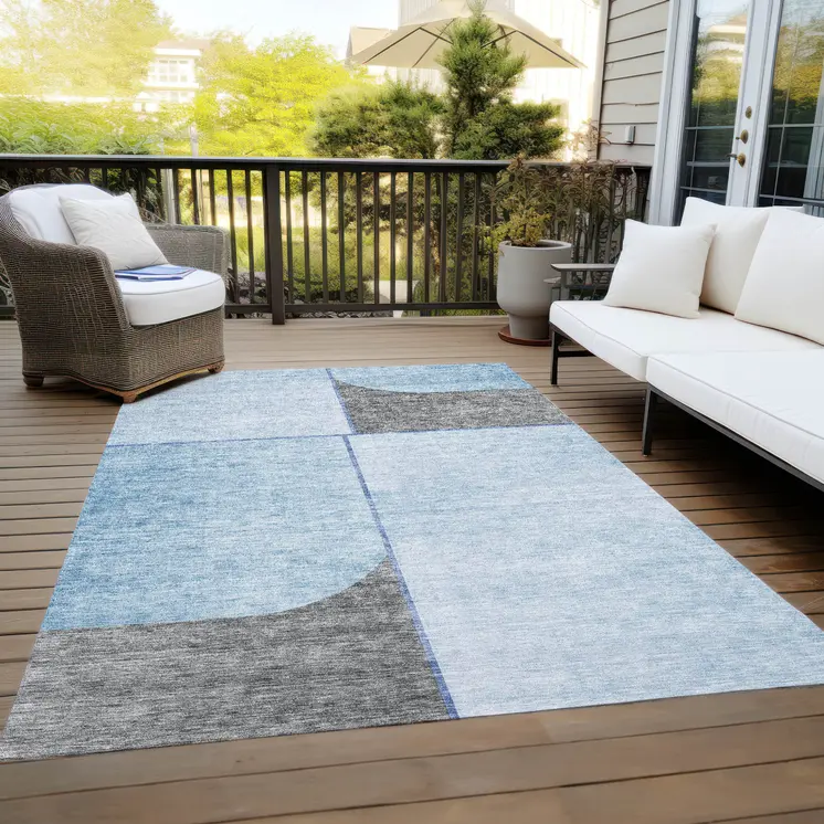 3' X 5' Sky Blue And Denim Blue Abstract Washable Indoor Outdoor Area Rug