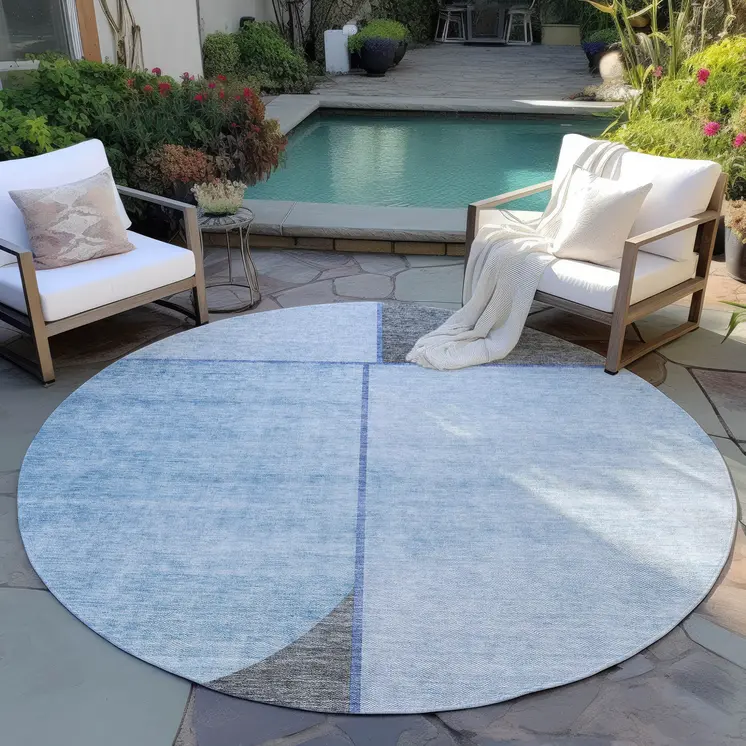 8' Sky Blue And Denim Blue Round Abstract Washable Indoor Outdoor Area Rug