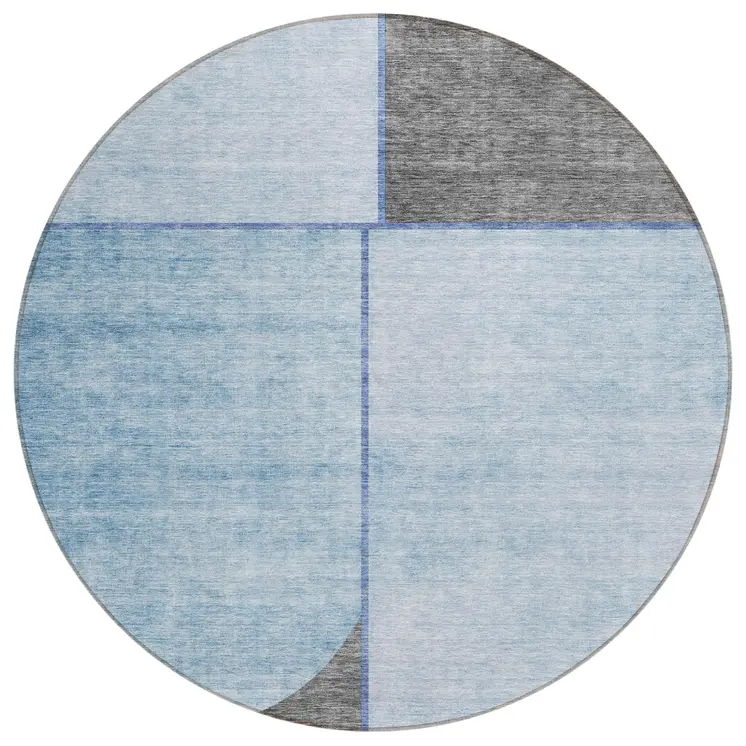 8' Sky Blue And Denim Blue Round Abstract Washable Indoor Outdoor Area Rug