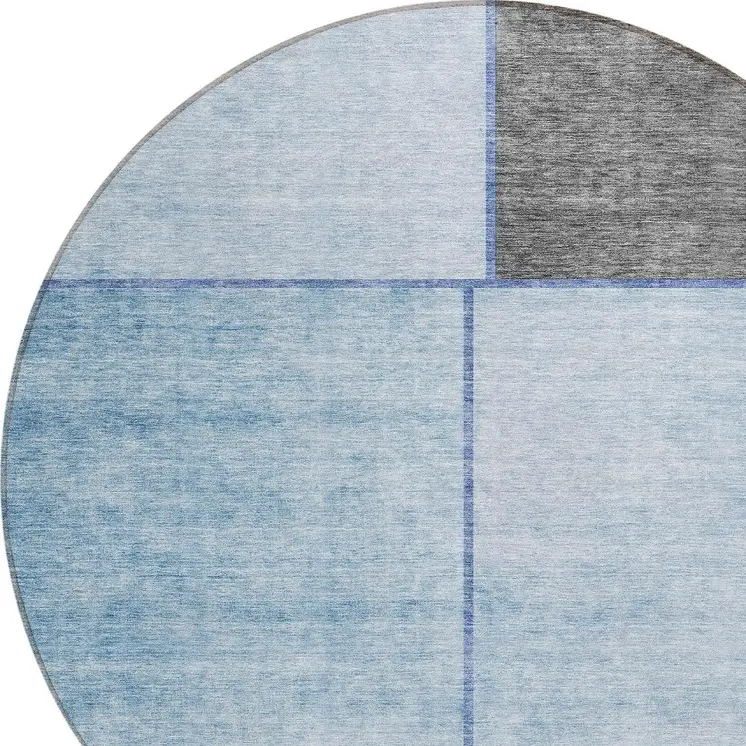 8' Sky Blue And Denim Blue Round Abstract Washable Indoor Outdoor Area Rug