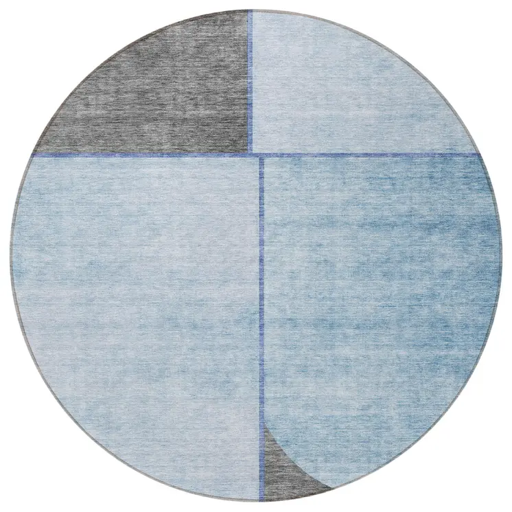 8' Sky Blue And Denim Blue Round Abstract Washable Indoor Outdoor Area Rug