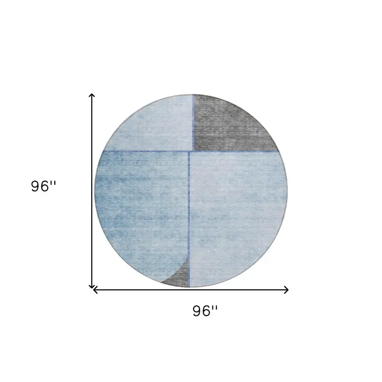 8' Sky Blue And Denim Blue Round Abstract Washable Indoor Outdoor Area Rug