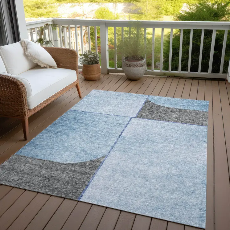 10' X 14' Sky Blue And Denim Blue Abstract Washable Indoor Outdoor Area Rug
