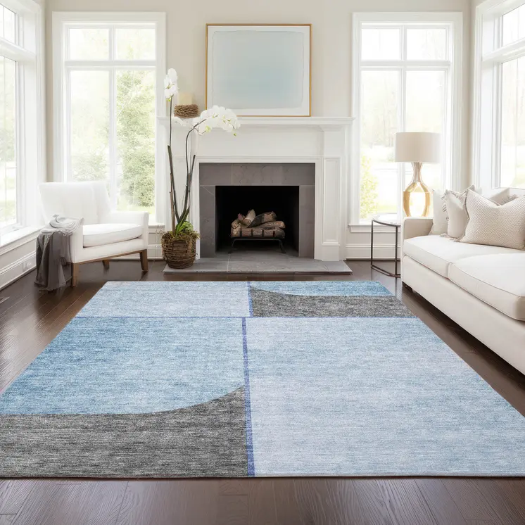 10' X 14' Sky Blue And Denim Blue Abstract Washable Indoor Outdoor Area Rug