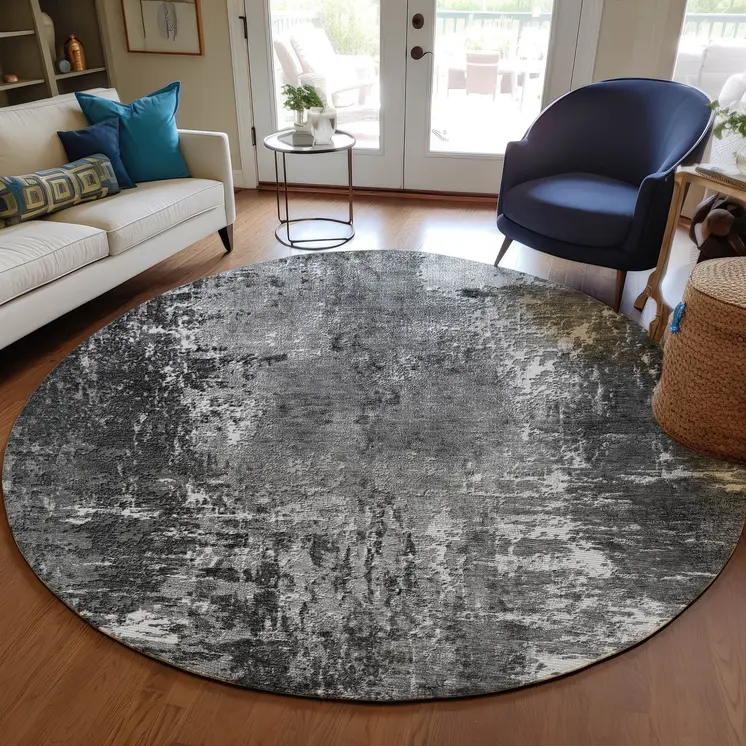 8' Gray Charcoal And Silver Round Abstract Washable Indoor Outdoor Area Rug