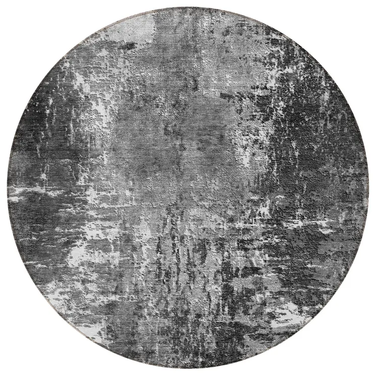 8' Gray Charcoal And Silver Round Abstract Washable Indoor Outdoor Area Rug