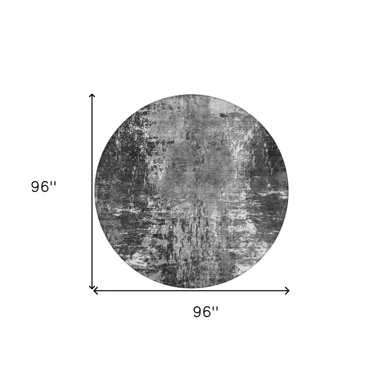 8' Gray Charcoal And Silver Round Abstract Washable Indoor Outdoor Area Rug