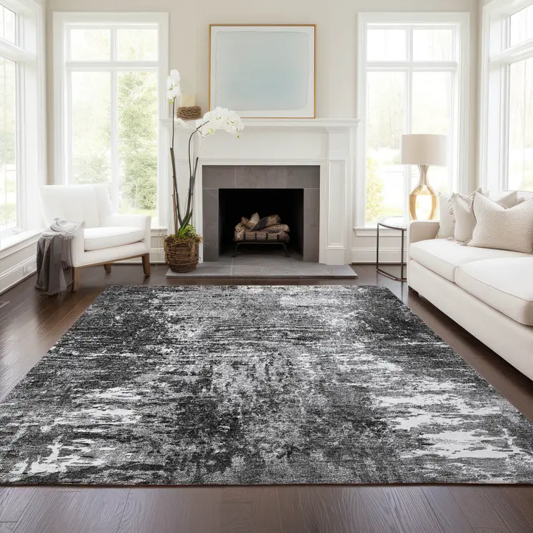 8' X 10' Gray Charcoal And Silver Abstract Washable Indoor Outdoor Area Rug