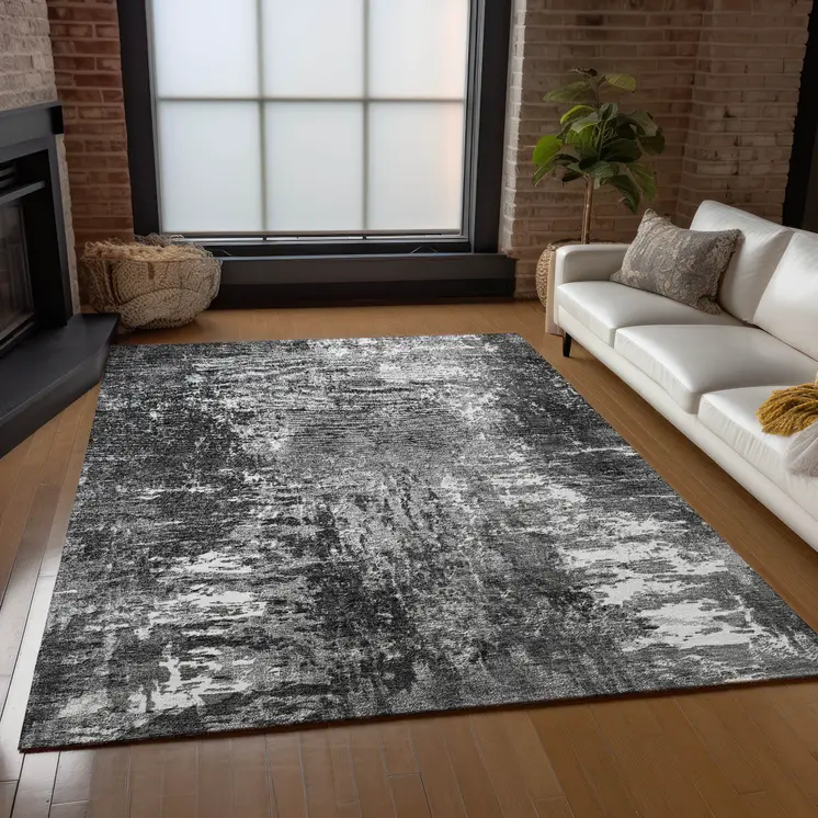 8' X 10' Gray Charcoal And Silver Abstract Washable Indoor Outdoor Area Rug