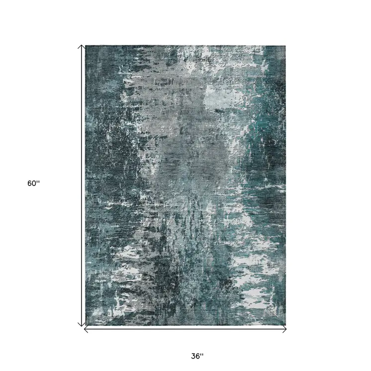 3' X 5' Teal Blue Gray And Charcoal Abstract Washable Indoor Outdoor Area Rug