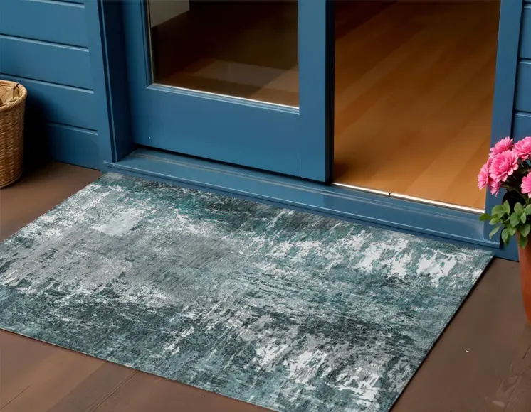 3' X 5' Teal Blue Gray And Charcoal Abstract Washable Indoor Outdoor Area Rug