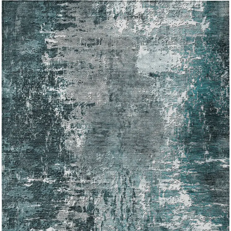 3' X 5' Teal Blue Gray And Charcoal Abstract Washable Indoor Outdoor Area Rug