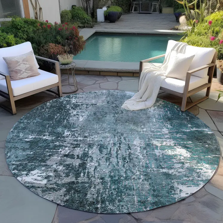 8' Teal Blue Gray And Charcoal Round Abstract Washable Indoor Outdoor Area Rug