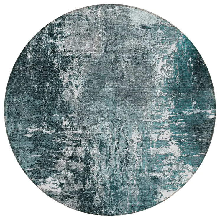 8' Teal Blue Gray And Charcoal Round Abstract Washable Indoor Outdoor Area Rug
