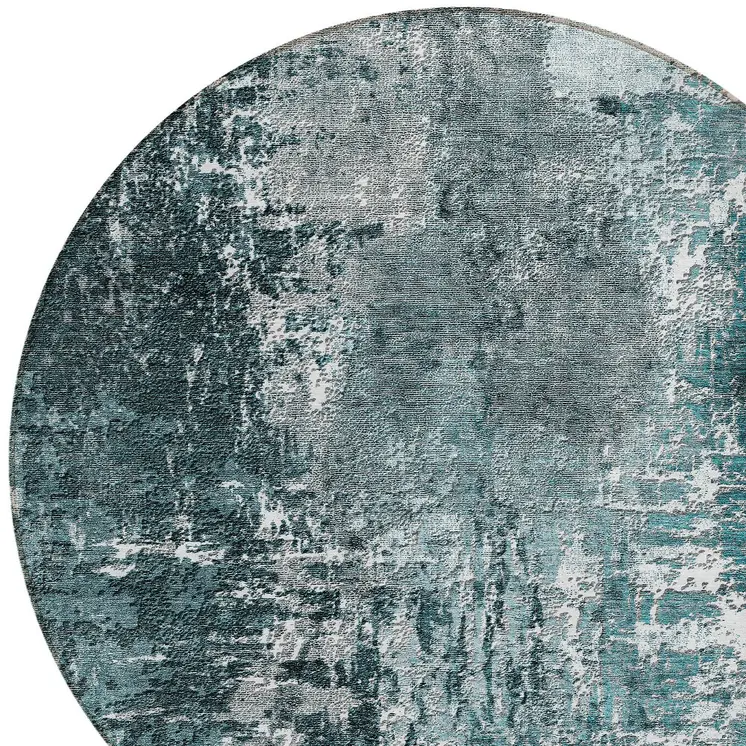 8' Teal Blue Gray And Charcoal Round Abstract Washable Indoor Outdoor Area Rug