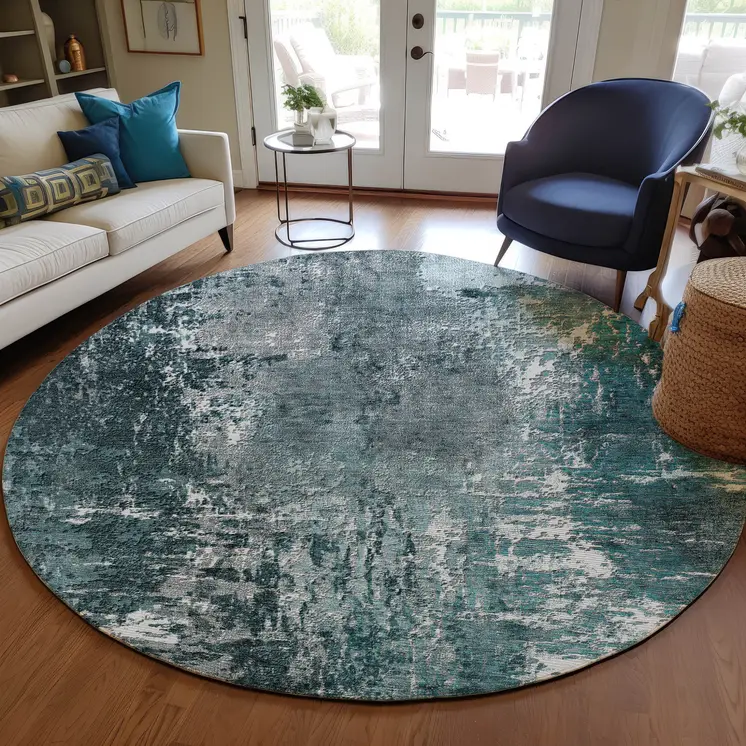 8' Teal Blue Gray And Charcoal Round Abstract Washable Indoor Outdoor Area Rug