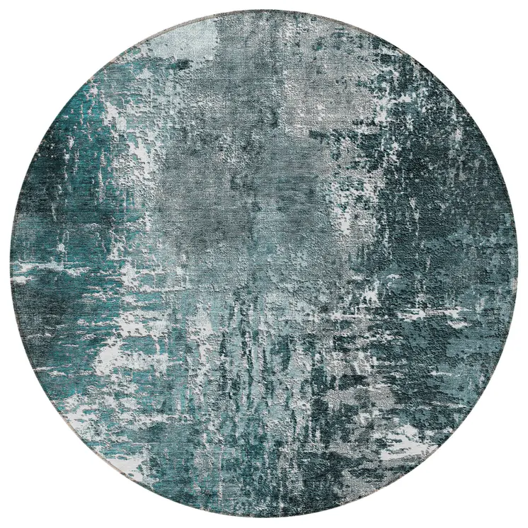 8' Teal Blue Gray And Charcoal Round Abstract Washable Indoor Outdoor Area Rug