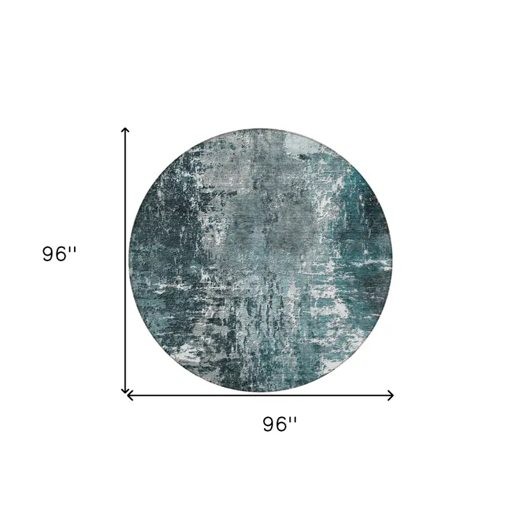 8' Teal Blue Gray And Charcoal Round Abstract Washable Indoor Outdoor Area Rug