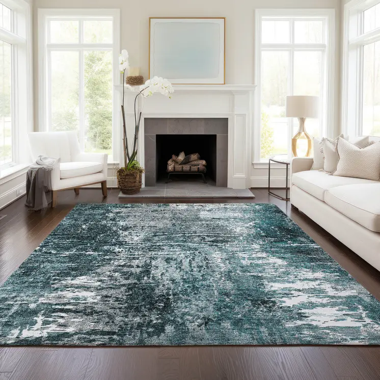 8' X 10' Teal Blue Gray And Charcoal Abstract Washable Indoor Outdoor Area Rug