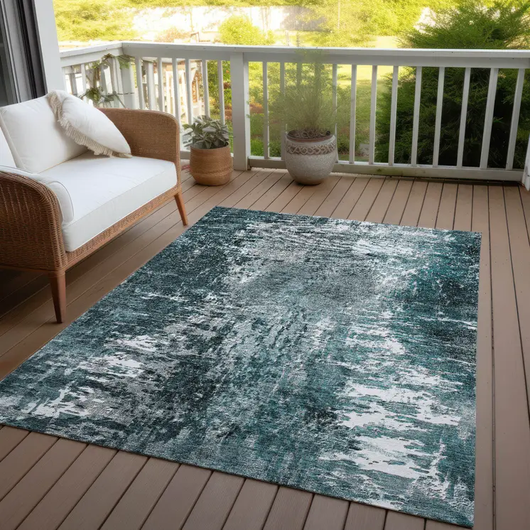 9' X 12' Teal Blue Gray And Charcoal Abstract Washable Indoor Outdoor Area Rug