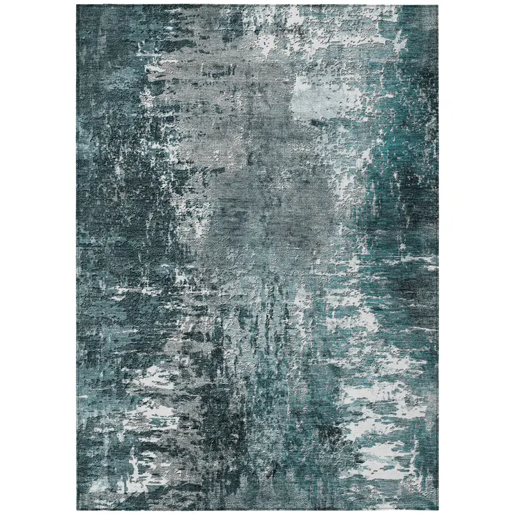9' X 12' Teal Blue Gray And Charcoal Abstract Washable Indoor Outdoor Area Rug