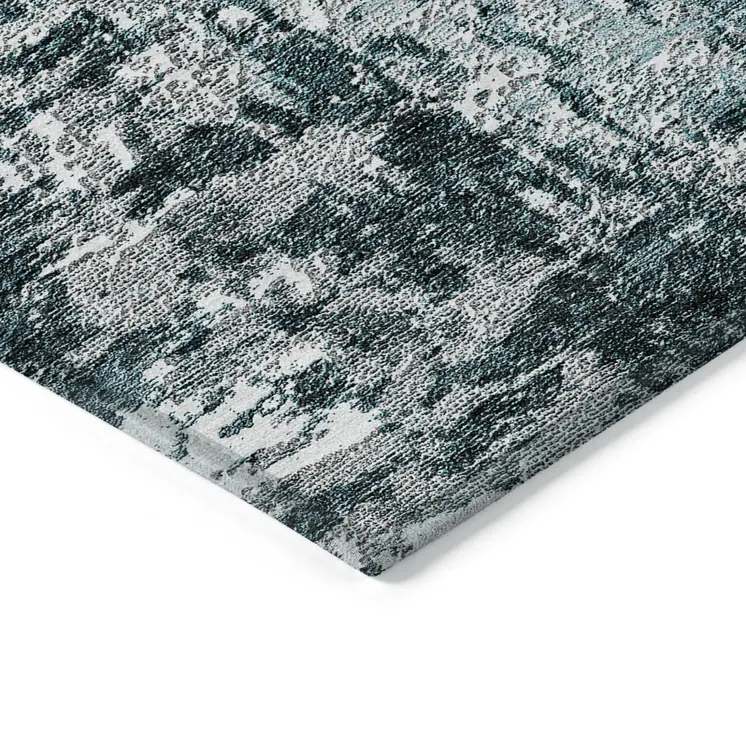 9' X 12' Teal Blue Gray And Charcoal Abstract Washable Indoor Outdoor Area Rug