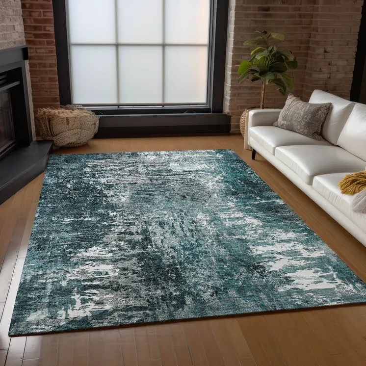9' X 12' Teal Blue Gray And Charcoal Abstract Washable Indoor Outdoor Area Rug