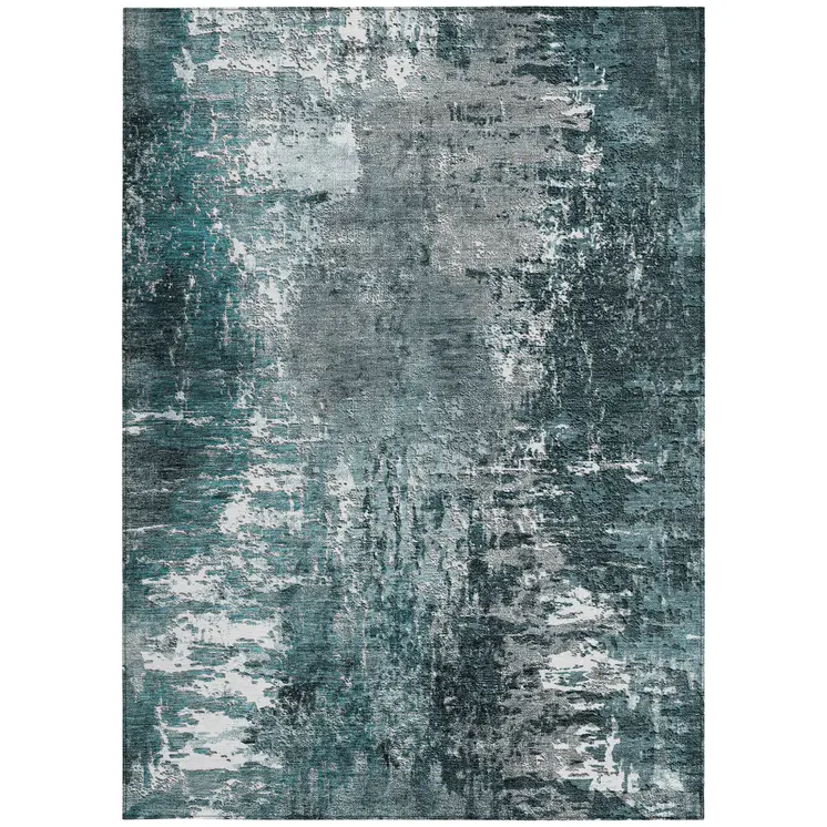 10' X 14' Teal Blue Gray And Charcoal Abstract Washable Indoor Outdoor Area Rug