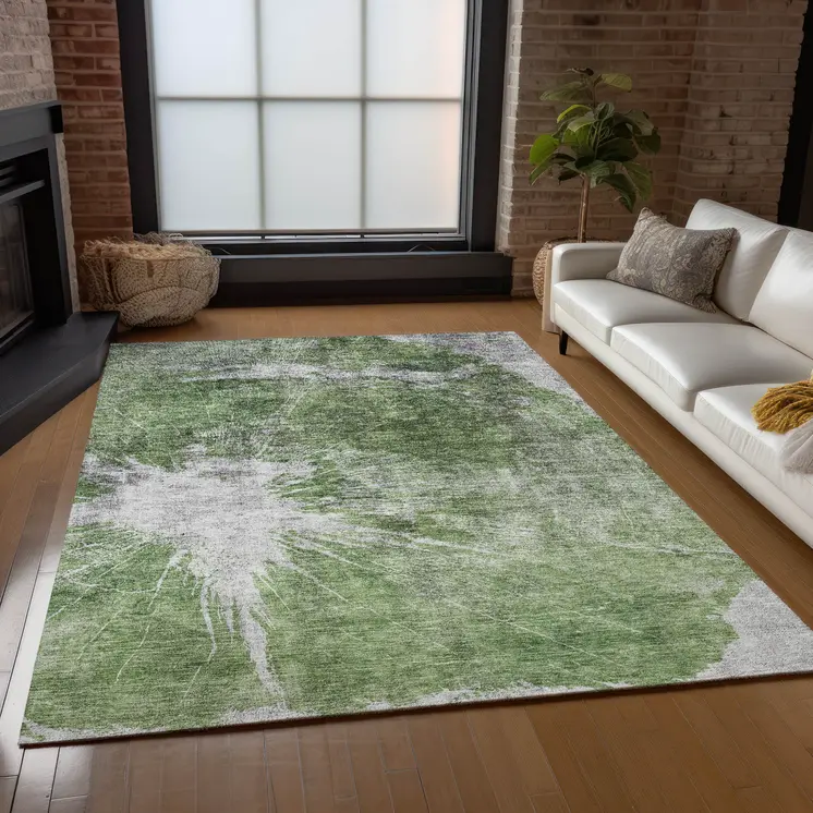 9' X 12' Green And Gray Abstract Washable Indoor Outdoor Area Rug