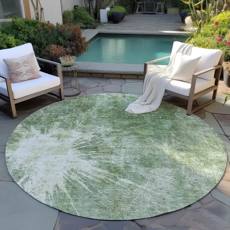 8' Fern Green And Artichoke Green Round Abstract Washable Indoor Outdoor Area Rug