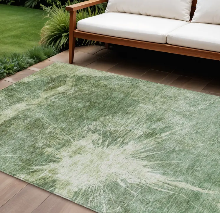 9' X 12' Fern Green And Artichoke Green Abstract Washable Indoor Outdoor Area Rug
