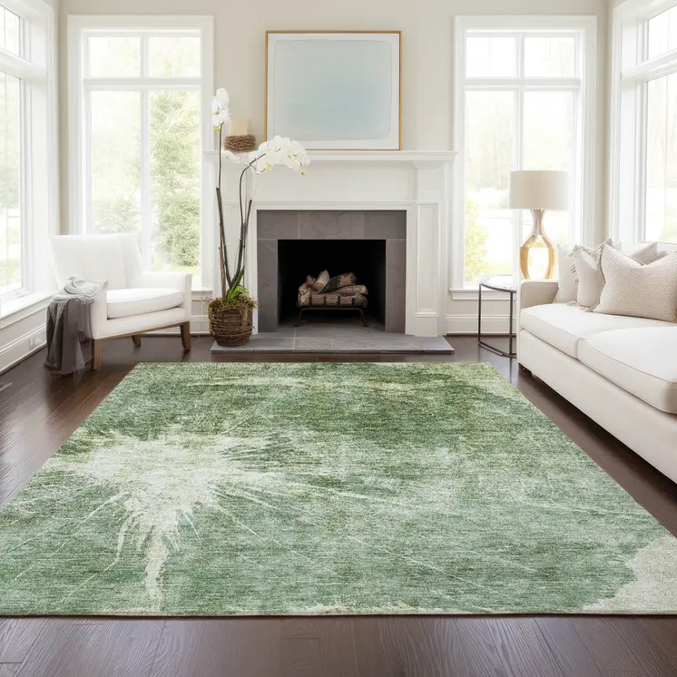 9' X 12' Fern Green And Artichoke Green Abstract Washable Indoor Outdoor Area Rug
