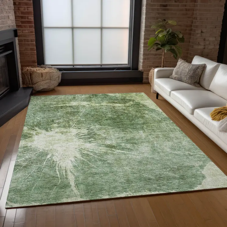 9' X 12' Fern Green And Artichoke Green Abstract Washable Indoor Outdoor Area Rug