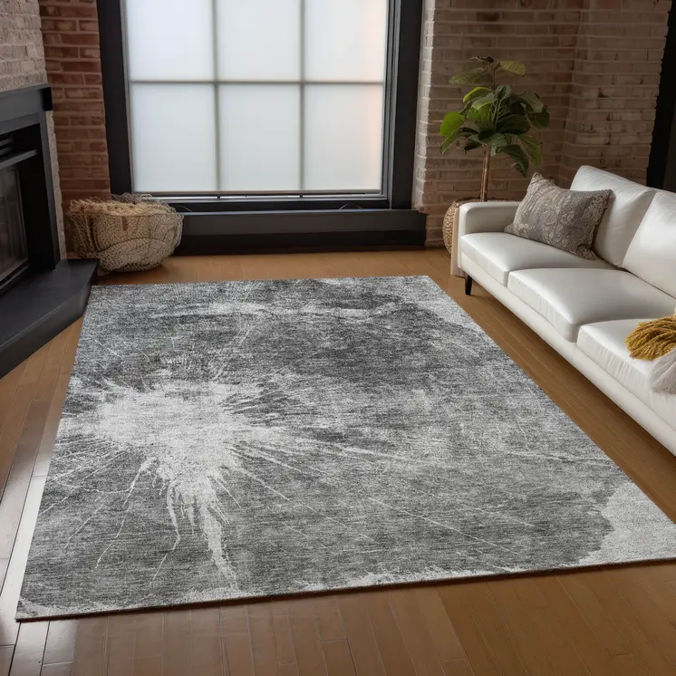 9' X 12' Gray Charcoal And Silver Abstract Washable Indoor Outdoor Area Rug