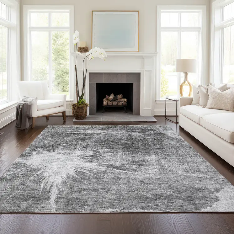 10' X 14' Gray Charcoal And Silver Abstract Washable Indoor Outdoor Area Rug