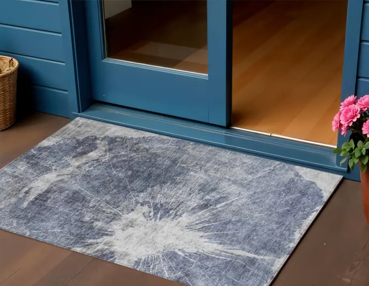 3' X 5' Navy Blue And Denim Blue Abstract Washable Indoor Outdoor Area Rug