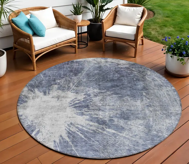 8' Navy Blue And Denim Blue Round Abstract Washable Indoor Outdoor Area Rug