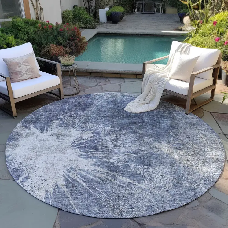 8' Navy Blue And Denim Blue Round Abstract Washable Indoor Outdoor Area Rug