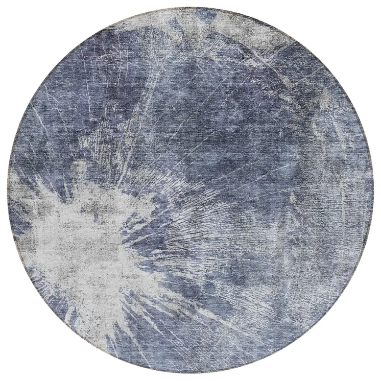 8' Navy Blue And Denim Blue Round Abstract Washable Indoor Outdoor Area Rug