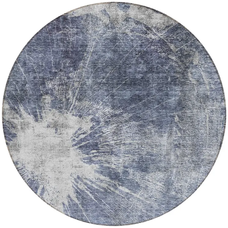 8' Navy Blue And Denim Blue Round Abstract Washable Indoor Outdoor Area Rug