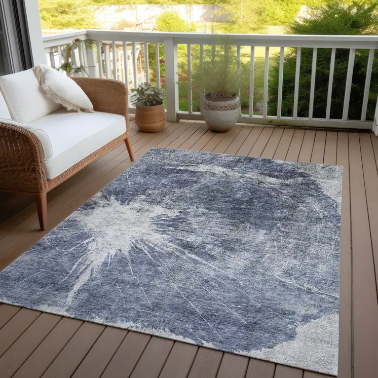 10' X 14' Navy Blue And Denim Blue Abstract Washable Indoor Outdoor Area Rug