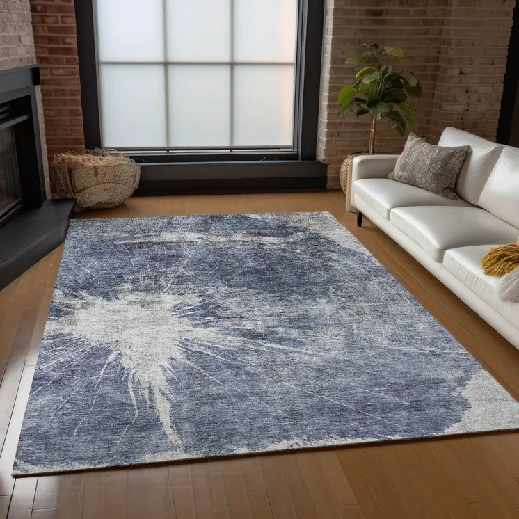 10' X 14' Navy Blue And Denim Blue Abstract Washable Indoor Outdoor Area Rug